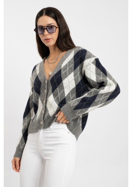 Rtd&vld Kadın VITA-177 Argile Baklava Desen Düğmeli Triko Hırka Indigo