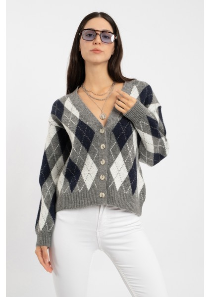 Rtd&vld Kadın VITA-177 Argile Baklava Desen Düğmeli Triko Hırka Indigo modelleri