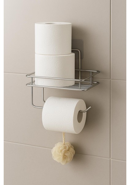 Güçlü Yapışkanlı Yedek Raflı Tuvalet Kağıdı Askılığı Banyo Düzenleyici Krom