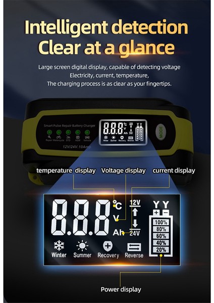 12V/10A 24V/5A Araba Akü Şarj Cihazı Otomatik Akıllı Nabız Onarım Bakım Cihazı Motosiklet Ab Fişi (Yurt Dışından)