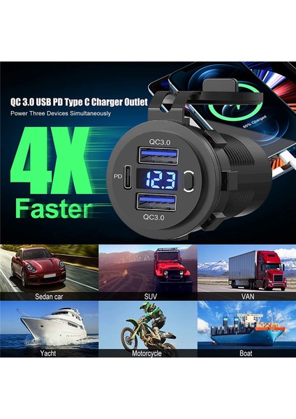 12V USB Çıkışı Çift Hızlı Şarj Voltmetre ve Güç Anahtarı, Araba Deniz Kamyonu Için Çok Işlevli Şarj Adaptörü (Yurt Dışından)