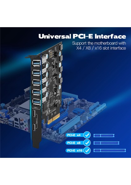 Pcı-E - USB 3.2 Tipi Kart Gen 2 Adaptörü 20 Gbps Bant Genişliği 7 Portlu (5xusb-A+2xtype-C) Genişleme Desteği 10G (Yurt Dışından)
