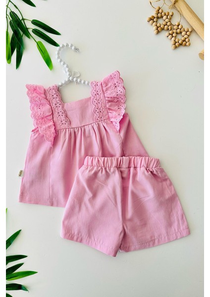 Fisto Detaylı Kız Bebe Pamuk Şortlu askılı takım - Pembe