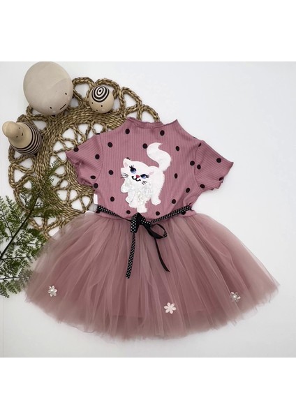 1-2-3 Yaş Payetli Kedicik Baskılı Puantiyeli Kız Bebek Elbisesi Gül Kurusu