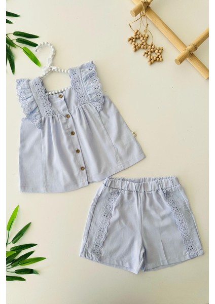 Fisto Detaylı Kız Bebe Pamuk Şortlu askılı takım - Mavi