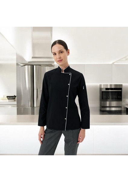 Chefpro Elite Şef Ceketi Kadın Siyah Alpaka Aşçı Kıyafeti