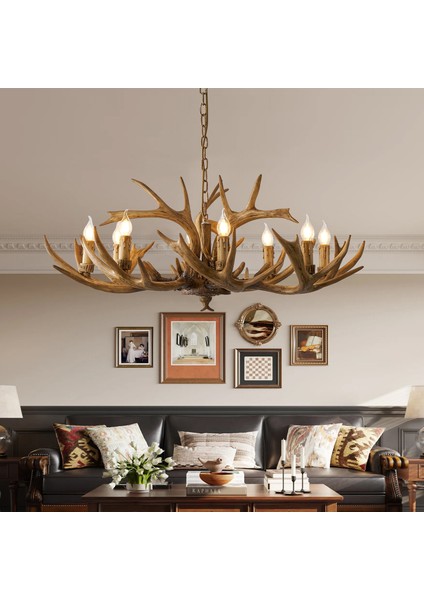 Zoye Ahşap 8'li Geyik Boynuzu Desenli Modern Kafe Restoran. Salon Avize