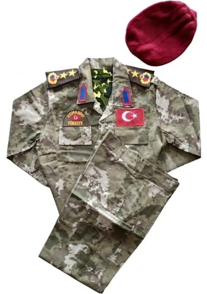 Erkek Çocuk Bordo Bereli Asker Komando Kıyafeti | 5-6 Yaş | Kamuflaj Kostüm Takımı