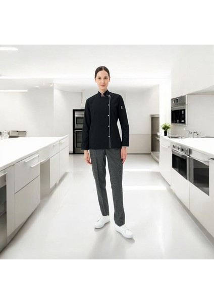 Chefpro Elite Şef Ceketi Kadın Siyah Alpaka Aşçı Kıyafeti