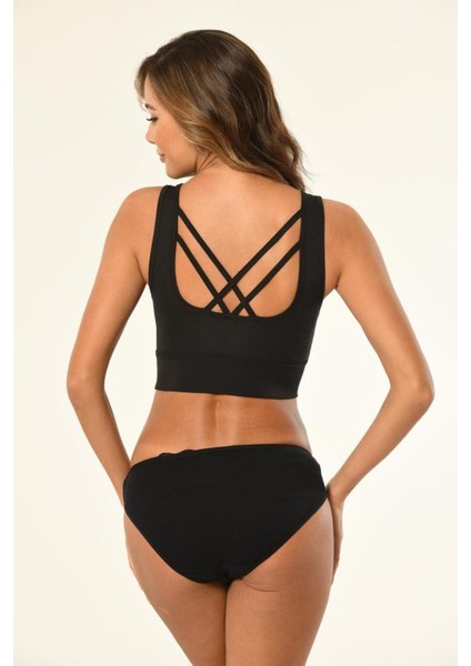 2'li Avantajlı Paket 6415 Kadın Siyah Kalın Askılı Classic Design Büstiyer Crop Siyah