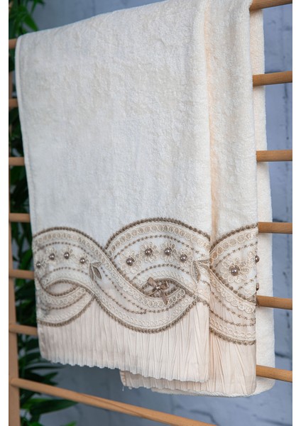 %100 Pamuk Fiyonk Güpürlü Çeyizlik 2'li Havlu 50x90 - Vizon fırsatları