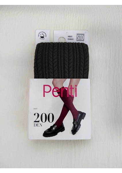 Kadın Knit Haki 200 Denye Kalın Kışlık Kendinden Desenli Dizaltı Pantolon Çorabı 2'li modelleri