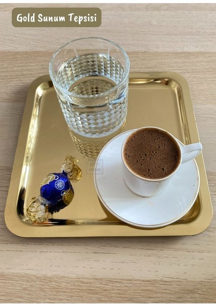 Gold Sunum Tepsisi Paslanmaz Kahve Tepsisi Çelik Tepsi Kare Çeyizlik Tepsi