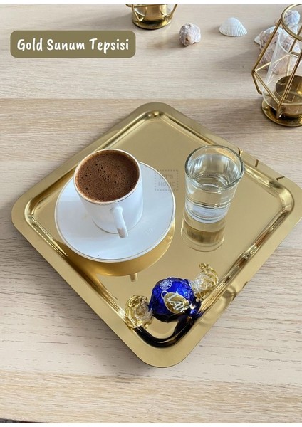 Gold Sunum Tepsisi Paslanmaz Kahve Tepsisi Çelik Tepsi Kare Çeyizlik Tepsi