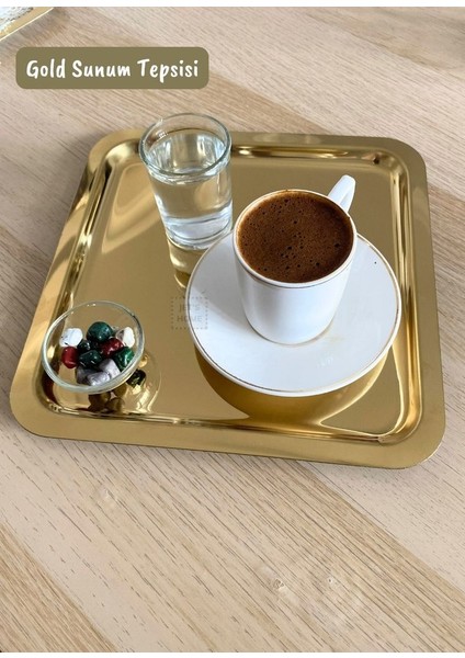 Gold Sunum Tepsisi Paslanmaz Kahve Tepsisi Çelik Tepsi Kare Çeyizlik Tepsi