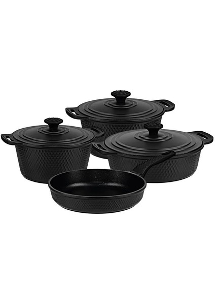 Trıana - 3536 - 7 Parça Biogranit, Döküm, Tencere , Tava, Çeyiz Seti - Siyah Renk