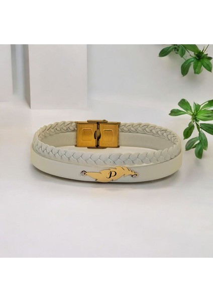 14 Ayar Altın Plakalı Kadınlar İçin Yaprak Motifli Derili Harfe Özel Bileklik