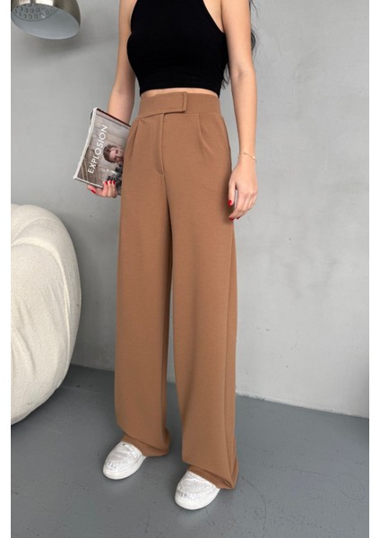 Kadın Likralı Cırt Kapama Geniş Paça Palazzo Pantolon