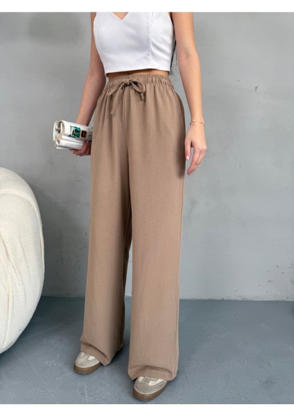 Kadın Yüksek Bel Wide Leg Beli Lastikli Keten Pantolon