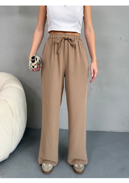 Kadın Yüksek Bel Wide Leg Beli Lastikli Keten Pantolon modelleri