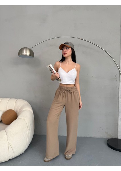 Kadın Yüksek Bel Wide Leg Beli Lastikli Keten Pantolon indirimleri