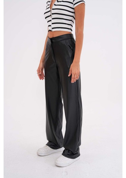 Kadın Deri Yüksek Bel Wide Leg Içi Astarlı pantolon