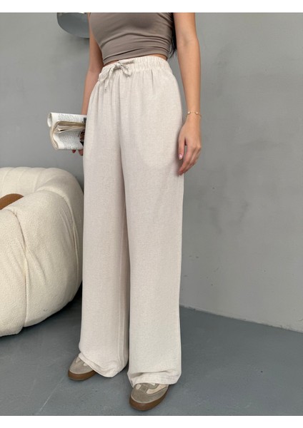Kadın Yüksek Bel Wide Leg Beli Lastikli Keten Pantolon