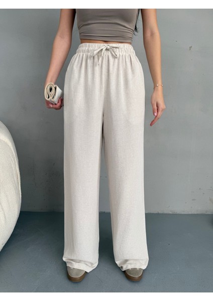 Kadın Yüksek Bel Wide Leg Beli Lastikli Keten Pantolon fiyatları