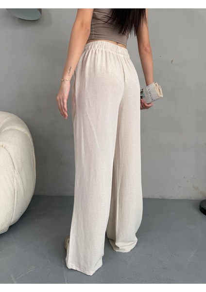 Kadın Yüksek Bel Wide Leg Beli Lastikli Keten Pantolon modelleri