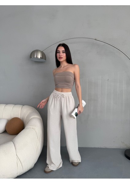 Kadın Yüksek Bel Wide Leg Beli Lastikli Keten Pantolon fırsatları