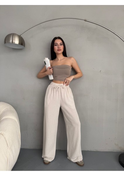 Kadın Yüksek Bel Wide Leg Beli Lastikli Keten Pantolon indirimleri