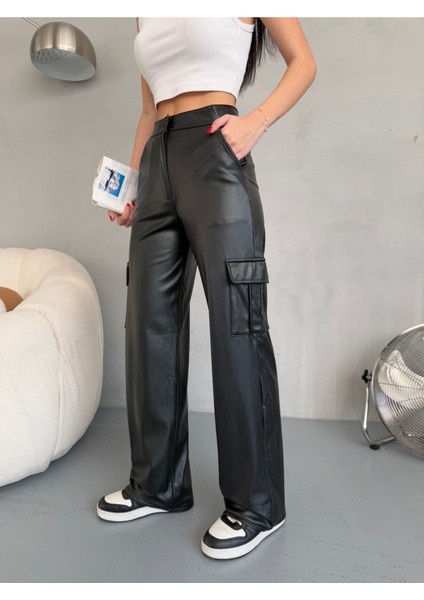 Kadın Deri Yüksek Bel Wide Leg Kargo Cepli pantolon