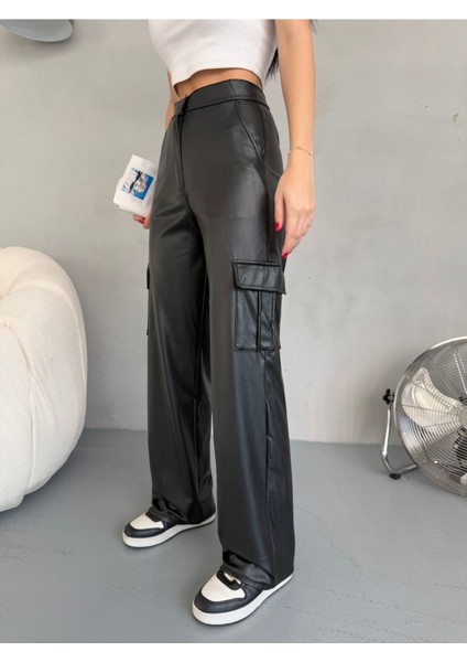Kadın Deri Yüksek Bel Wide Leg Kargo Cepli pantolon fiyatları