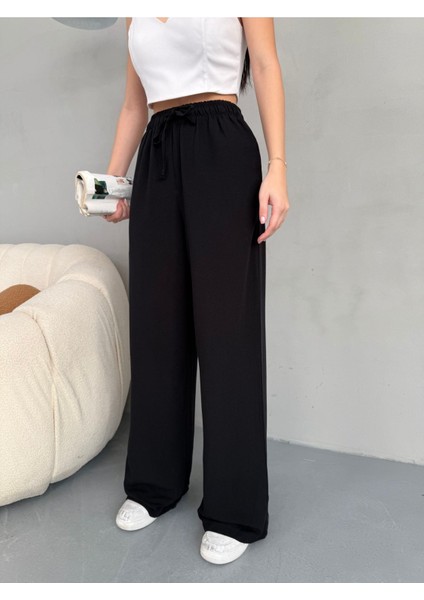 Kadın Yüksek Bel Wide Leg Beli Lastikli Keten Pantolon