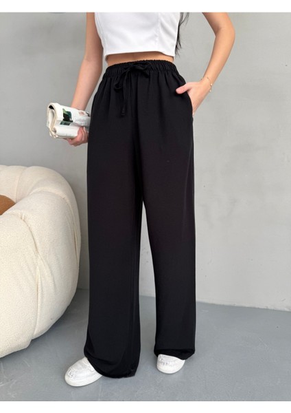 Kadın Yüksek Bel Wide Leg Beli Lastikli Keten Pantolon modelleri