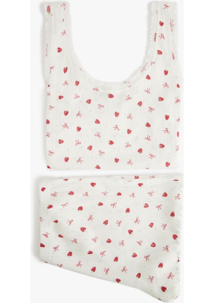 Pamuklu U Yaka Kolsuz Çilek Baskılı Şortlu Pijama Takımı