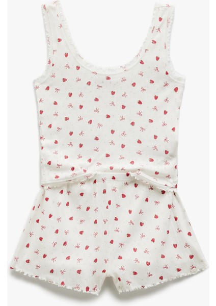 Pamuklu U Yaka Kolsuz Çilek Baskılı Şortlu Pijama Takımı