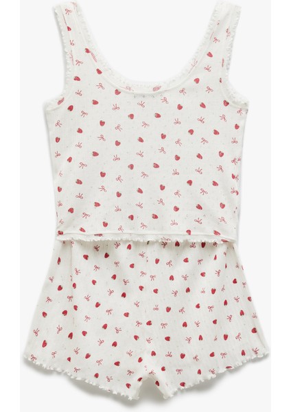 Pamuklu U Yaka Kolsuz Çilek Baskılı Şortlu Pijama Takımı