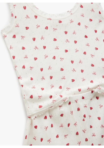 Pamuklu U Yaka Kolsuz Çilek Baskılı Şortlu Pijama Takımı