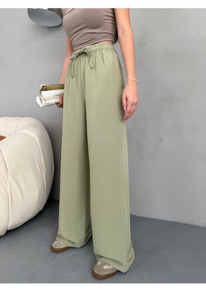 Kadın Yüksek Bel Wide Leg Beli Lastikli Keten Pantolon