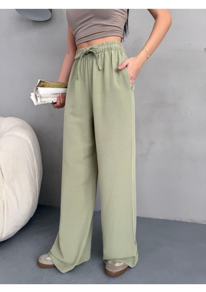 Kadın Yüksek Bel Wide Leg Beli Lastikli Keten Pantolon modelleri