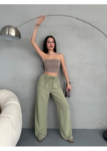 Kadın Yüksek Bel Wide Leg Beli Lastikli Keten Pantolon indirimleri