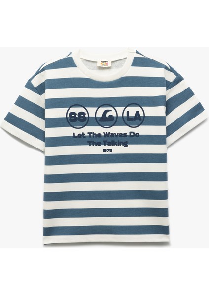 Baskılı Pamuklu Kısa Kollu Çizgili Tişört