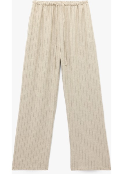 Beli Bağcıklı Keten Karışımlı Rahat Kalıp Çizgili Geniş Paça Pantolon