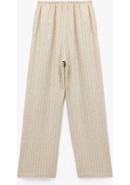 Beli Bağcıklı Keten Karışımlı Rahat Kalıp Çizgili Geniş Paça Pantolon fiyatları