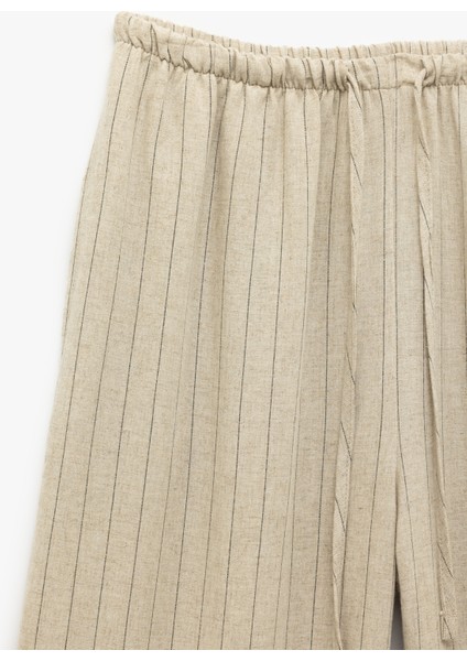 Beli Bağcıklı Keten Karışımlı Rahat Kalıp Çizgili Geniş Paça Pantolon modelleri