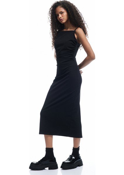 Ip Askılı Kare Yaka Drapeli Yırtmaçlı Midi Elbise fiyatları