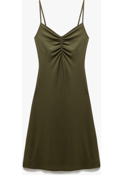 Drape Detaylı Bürümcük Kumaş Ince Askılı Midi Elbise
