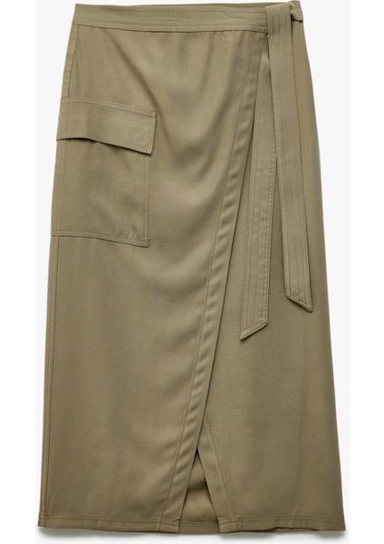Cupro Kumaş Asimetrik Kesim Kemerli Kargo Cepli Uzun Kruvaze Etek