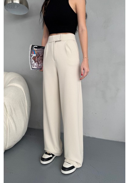 Kadın Likralı Cırt Kapama Geniş Paça Palazzo Pantolon